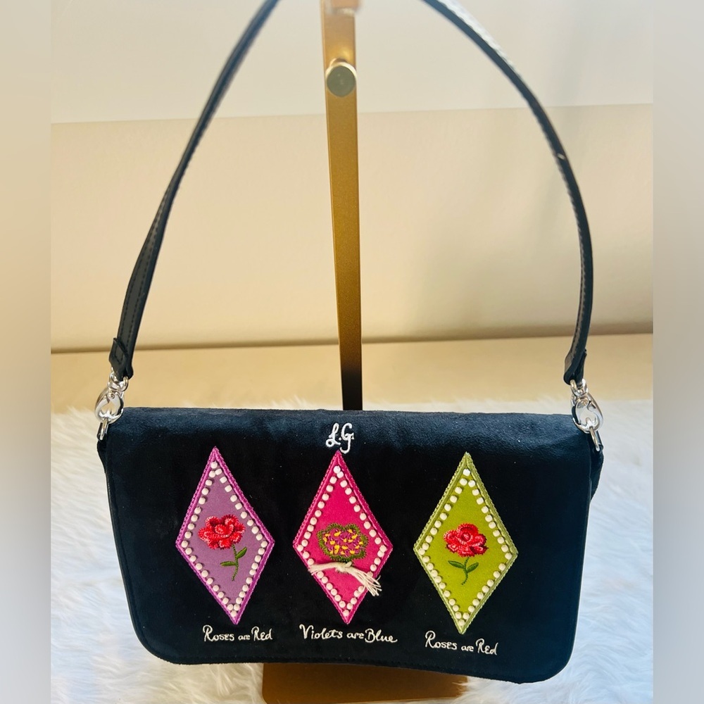 Lulu Guinness Roses Are Red Violets Are Blue Embroidered Suede Shoulder Bag